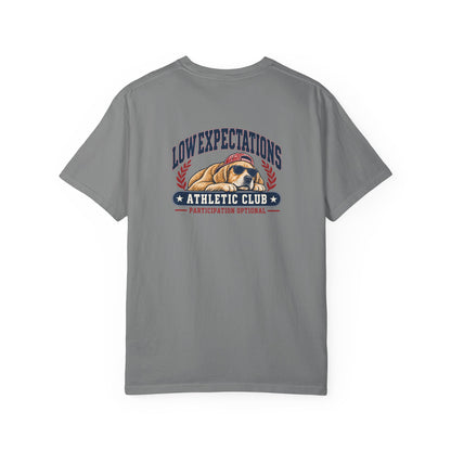 Low Expectations Athletic Club T-Shirt | Funny Retro Collegiate Dog Tee