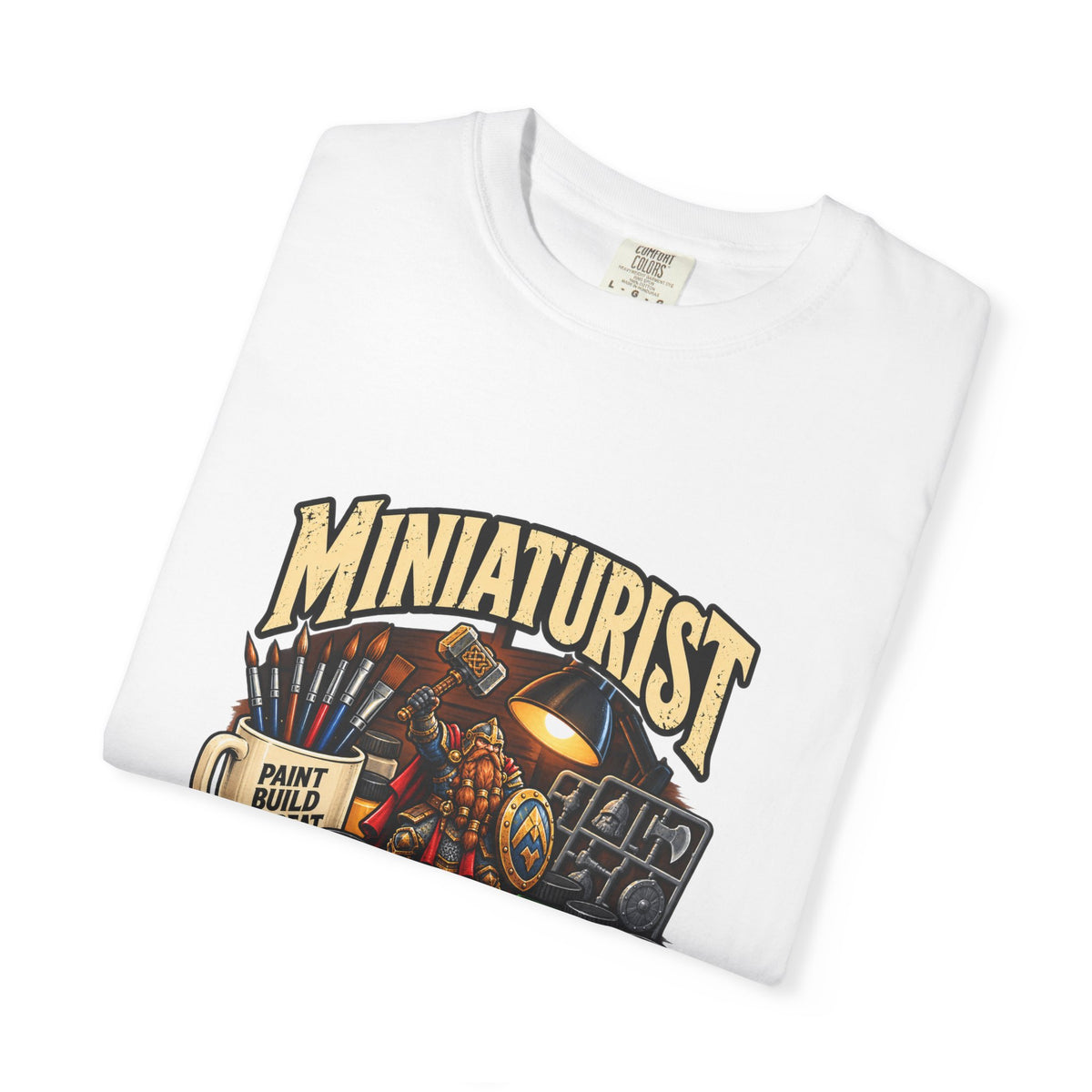 Miniaturist Dwarf Paint Build Repeat T-Shirt | Miniature Painting Hobby Tee
