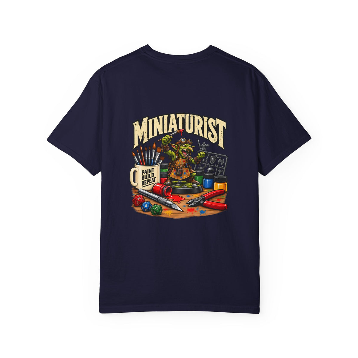 Miniaturist Goblin Paint Build Repeat T-Shirt | Miniature Painting Hobby Tee