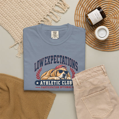 Low Expectations Athletic Club T-Shirt | Funny Retro Collegiate Dog Tee