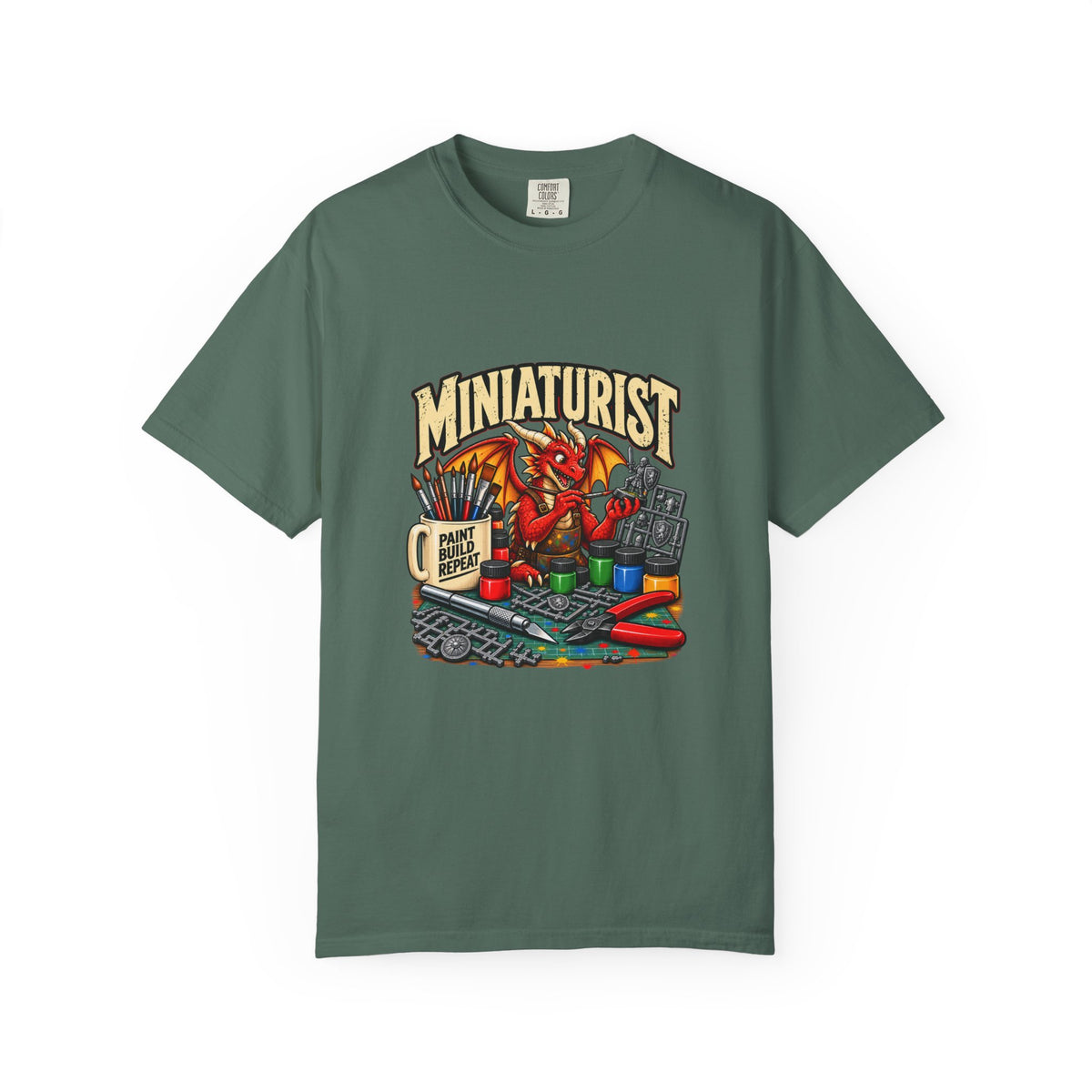 Miniaturist Dragon Painter Paint Build Repeat T-Shirt | Miniature Painting Hobby Tee