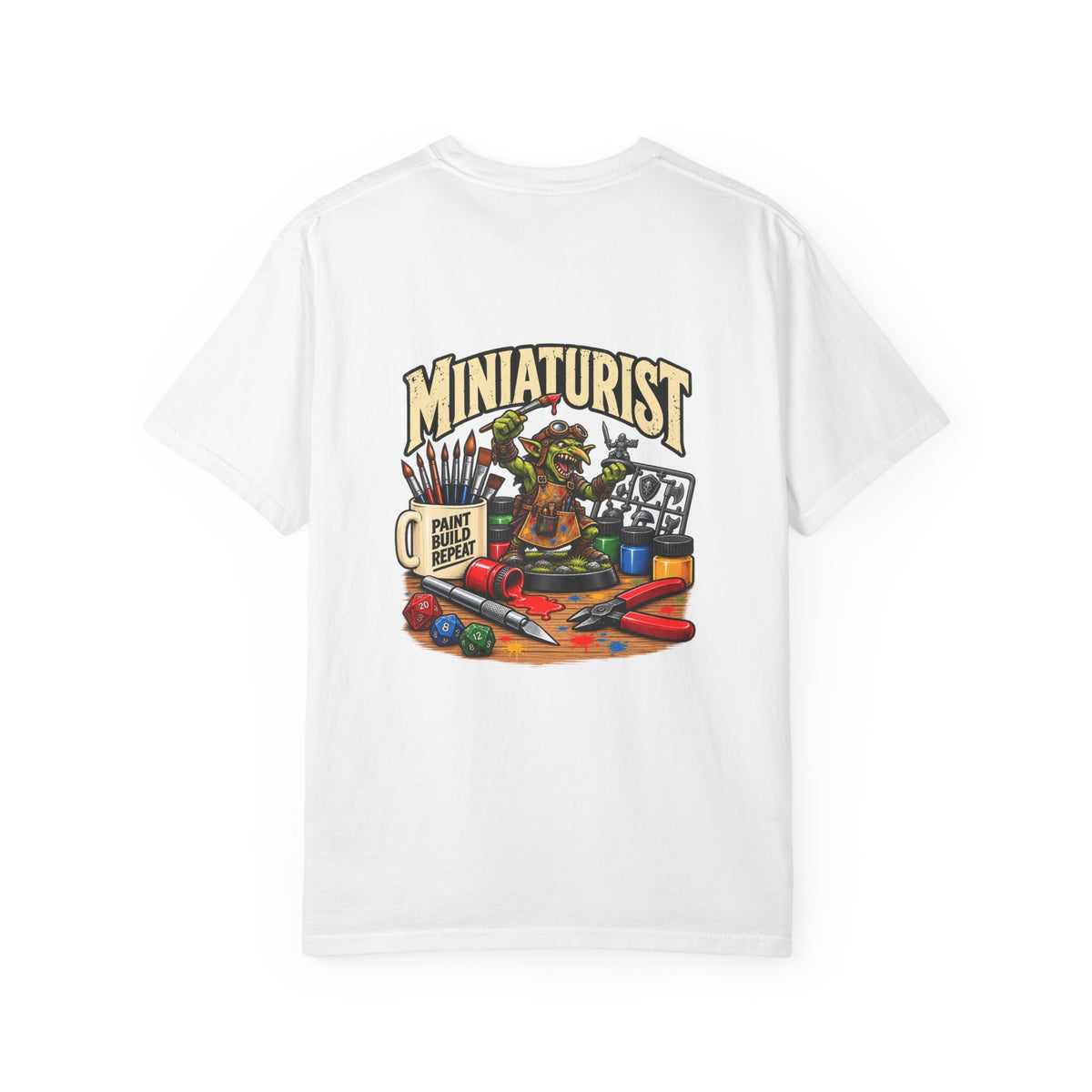 Miniaturist Goblin Paint Build Repeat T-Shirt | Miniature Painting Hobby Tee
