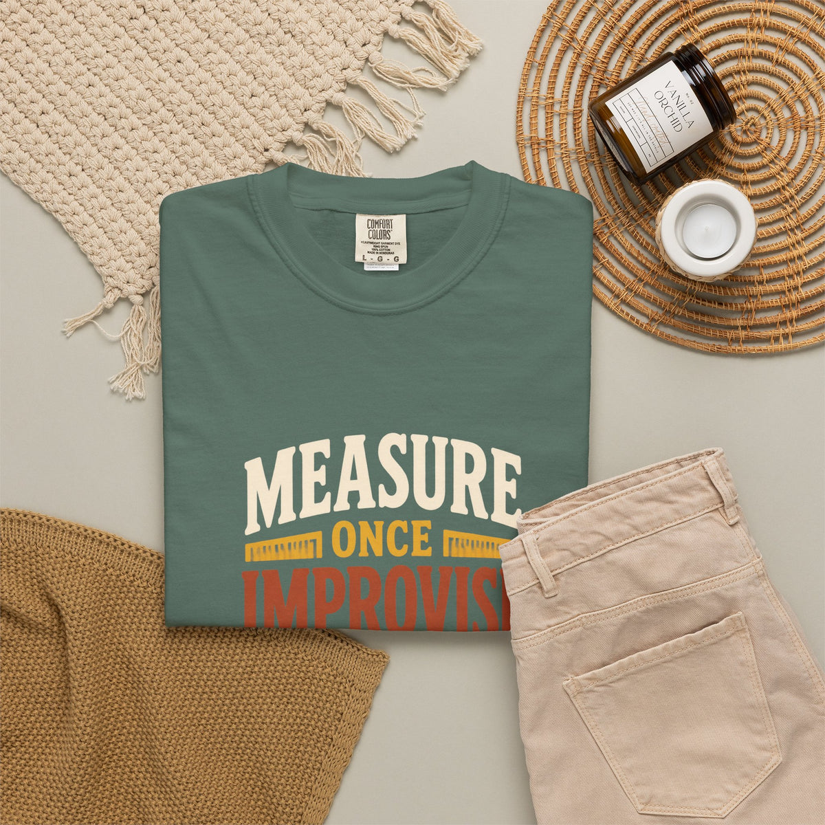 MEASURE ONCE IMPROVISE TWICE T-Shirt | Retro Workshop Tee