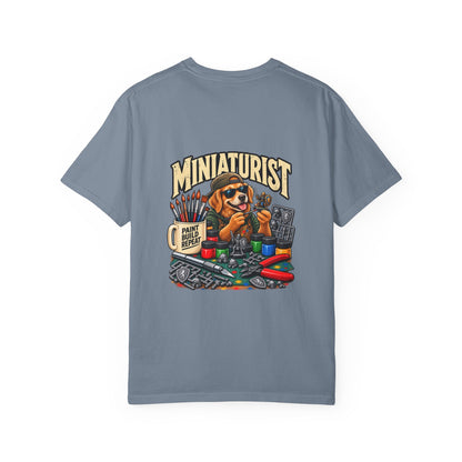 Miniaturist Dog Painter Paint Build Repeat T-Shirt | Miniature Painting Hobby Tee