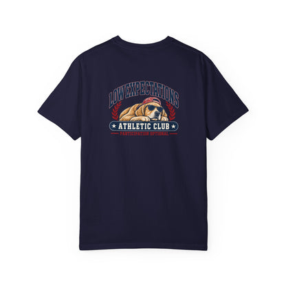 Low Expectations Athletic Club T-Shirt | Funny Retro Collegiate Dog Tee