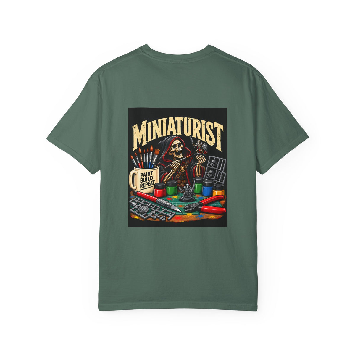 Miniaturist Skeleton Paint Build Repeat T-Shirt | Miniature Painting Hobby Tee