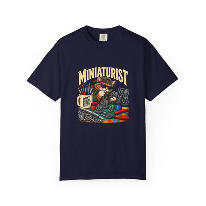 Miniaturist Cat Painter Paint Build Repeat T-Shirt | Miniature Painting Hobby Tee