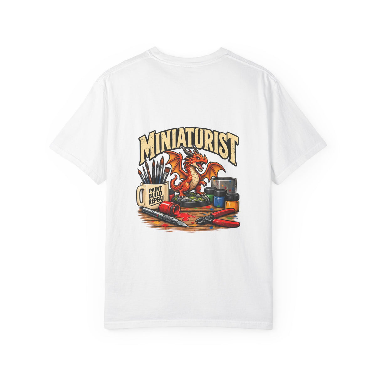 Miniaturist Dragon Paint Build Repeat T-Shirt | Miniature Painting Hobby Tee