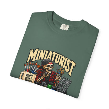 Miniaturist Skeleton Painter Paint Build Repeat T-Shirt | Miniature Painting Hobby Tee