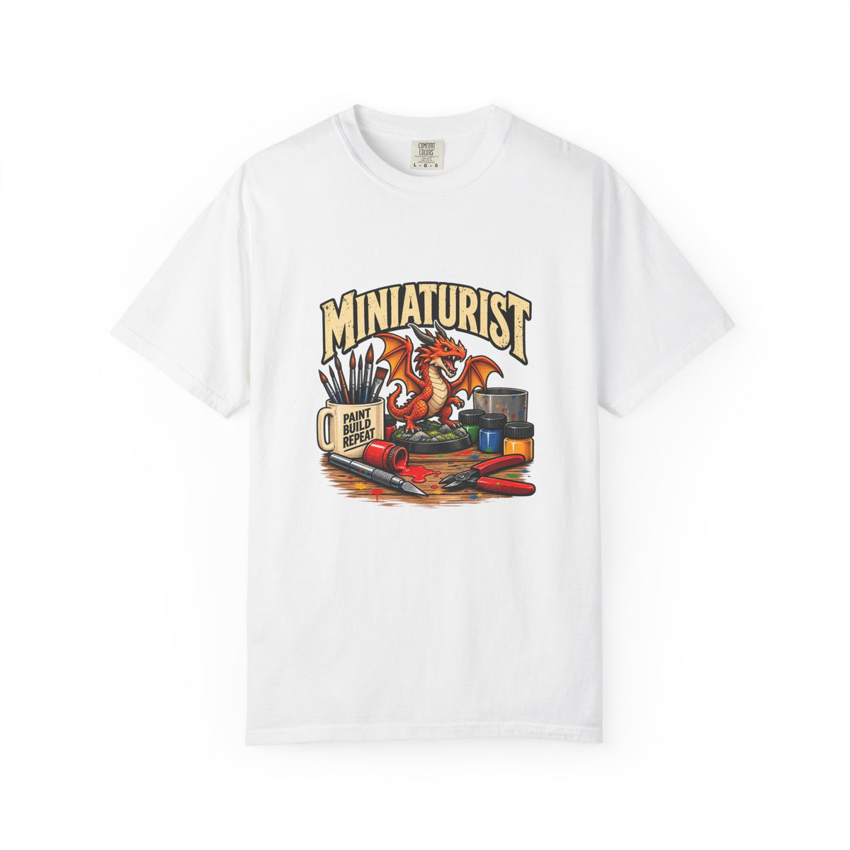 Miniaturist Dragon Paint Build Repeat T-Shirt | Miniature Painting Hobby Tee