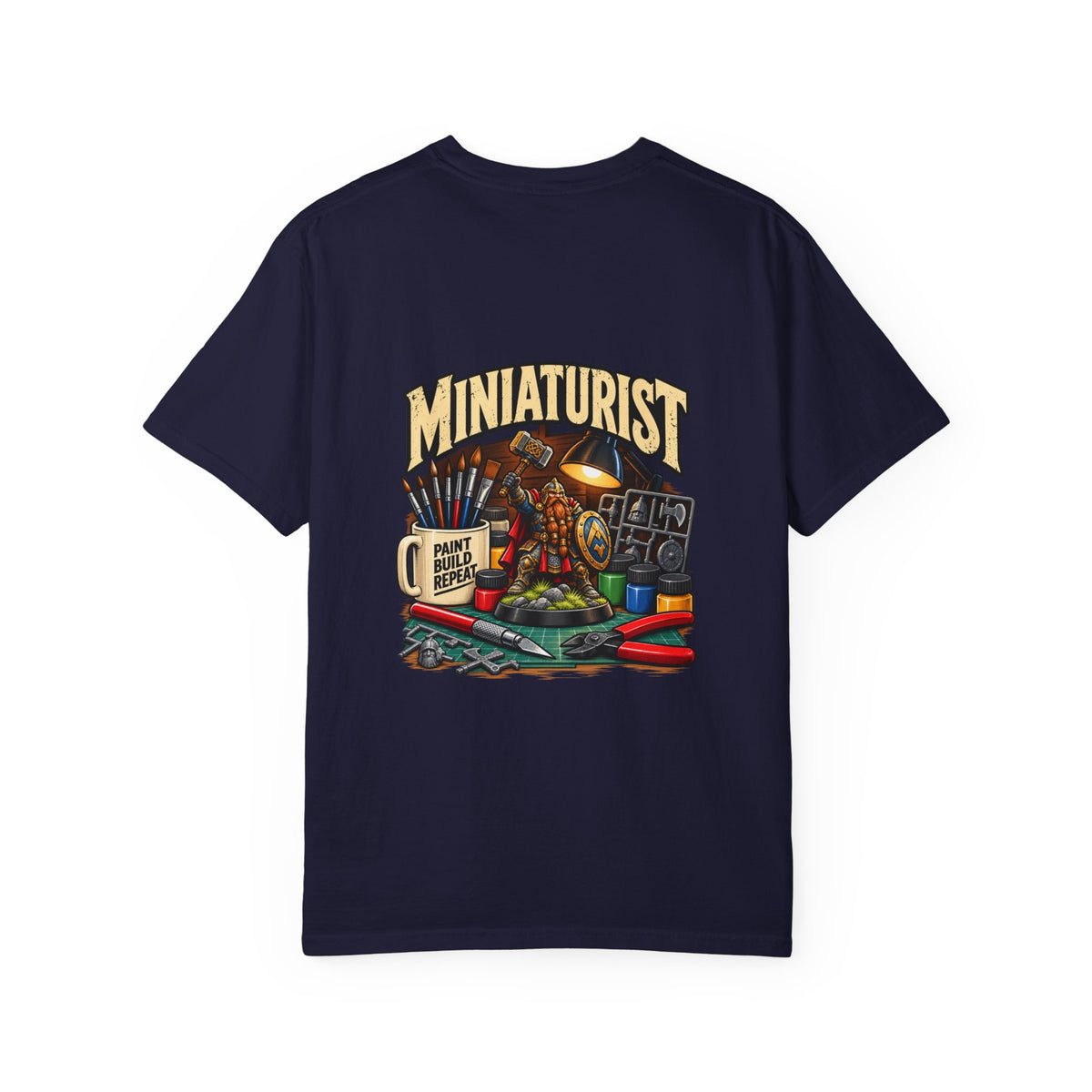 Miniaturist Dwarf Paint Build Repeat T-Shirt | Miniature Painting Hobby Tee