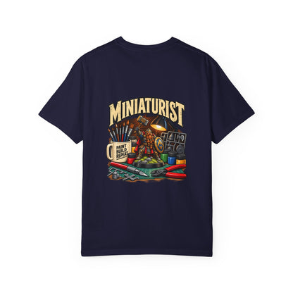 Miniaturist Dwarf Paint Build Repeat T-Shirt | Miniature Painting Hobby Tee