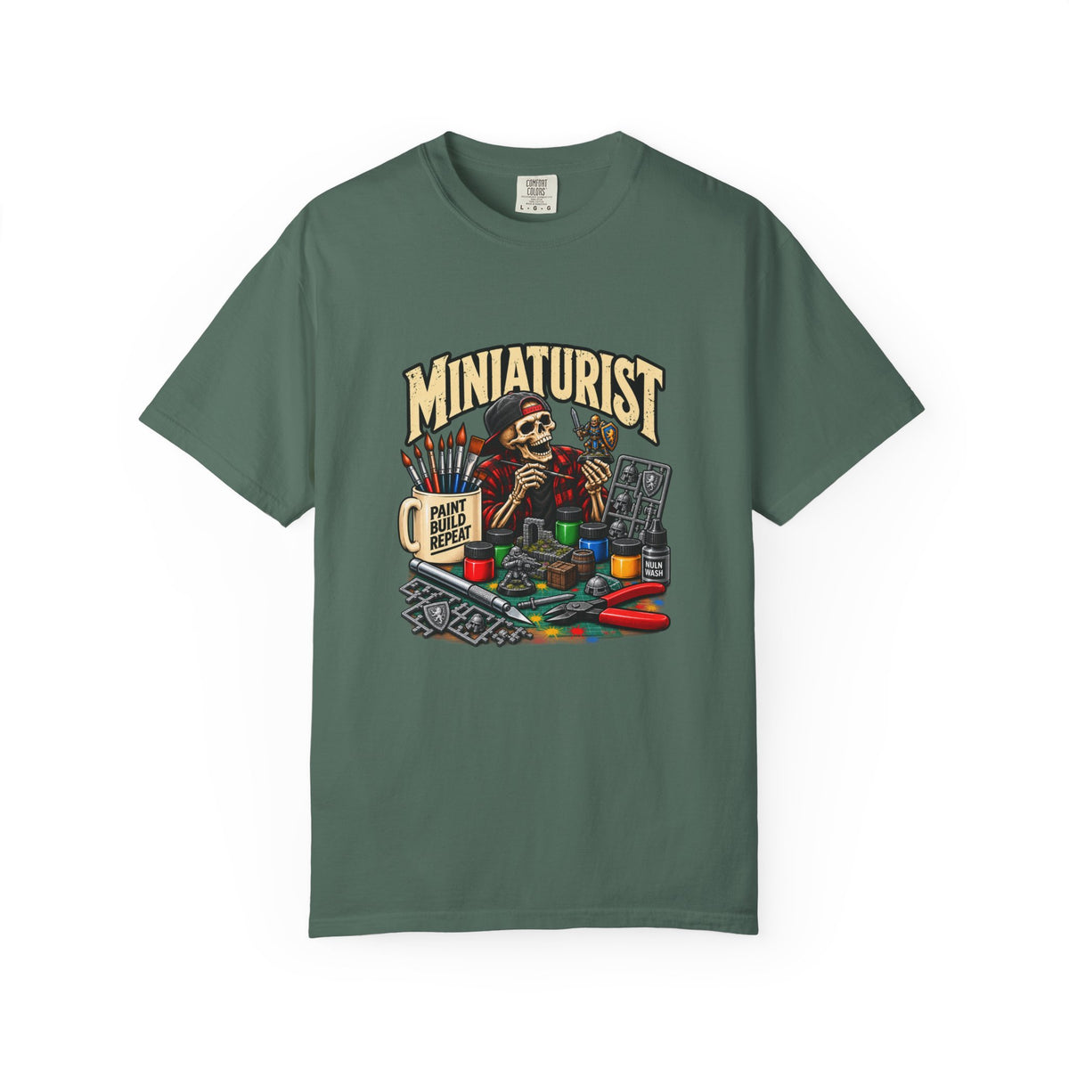 Miniaturist Skeleton Painter Paint Build Repeat T-Shirt | Miniature Painting Hobby Tee