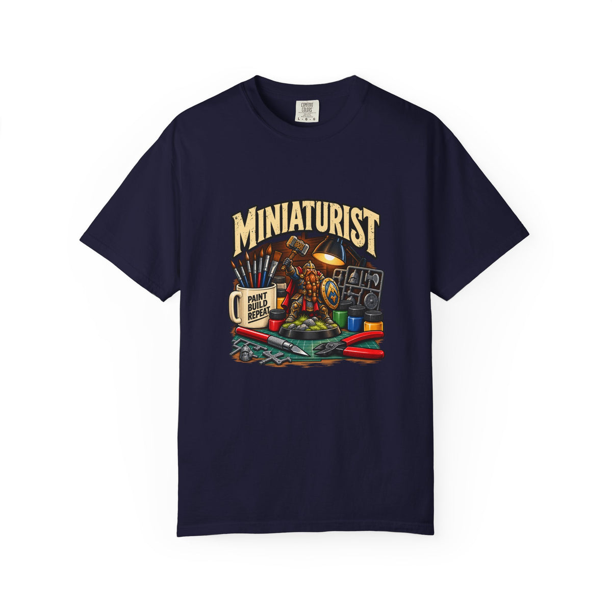 Miniaturist Dwarf Paint Build Repeat T-Shirt | Miniature Painting Hobby Tee