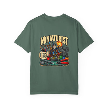 Miniaturist Wizard Paint Build Repeat T-Shirt | Miniature Painting Hobby Tee