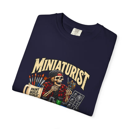 Miniaturist Skeleton Painter Paint Build Repeat T-Shirt | Miniature Painting Hobby Tee