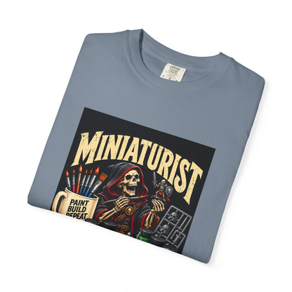 Miniaturist Skeleton Paint Build Repeat T-Shirt | Miniature Painting Hobby Tee
