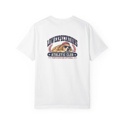 Low Expectations Athletic Club T-Shirt | Funny Retro Collegiate Dog Tee