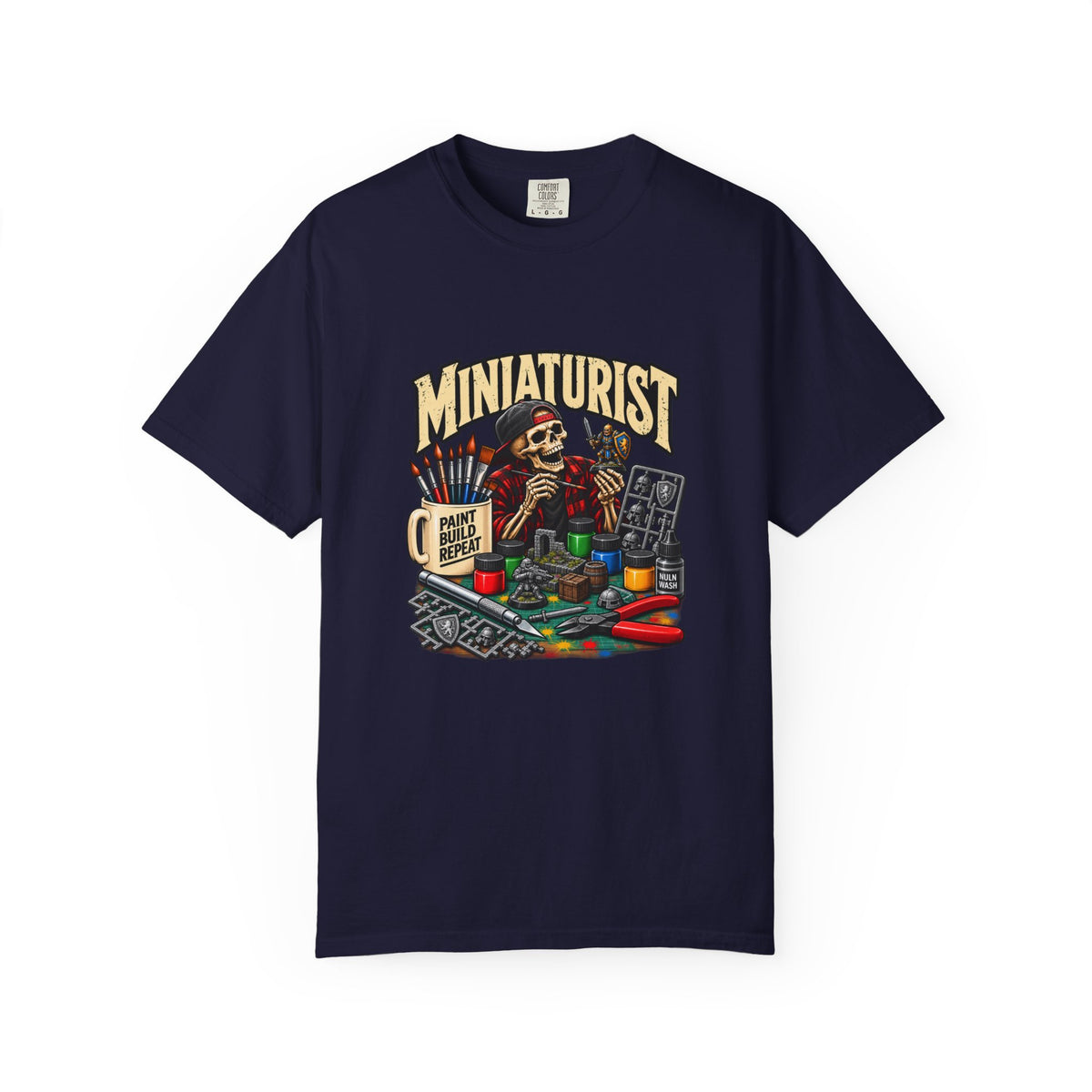 Miniaturist Skeleton Painter Paint Build Repeat T-Shirt | Miniature Painting Hobby Tee