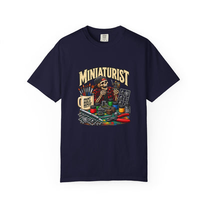 Miniaturist Skeleton Painter Paint Build Repeat T-Shirt | Miniature Painting Hobby Tee