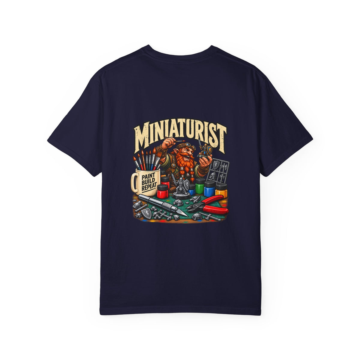 Miniaturist Dwarf Painter Paint Build Repeat T-Shirt | Miniature Painting Hobby Tee