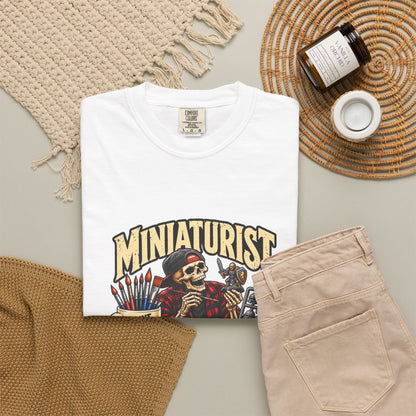 Miniaturist Skeleton Painter Paint Build Repeat T-Shirt | Miniature Painting Hobby Tee