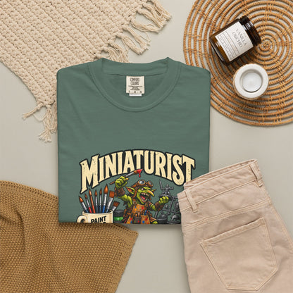 Miniaturist Goblin Paint Build Repeat T-Shirt | Miniature Painting Hobby Tee
