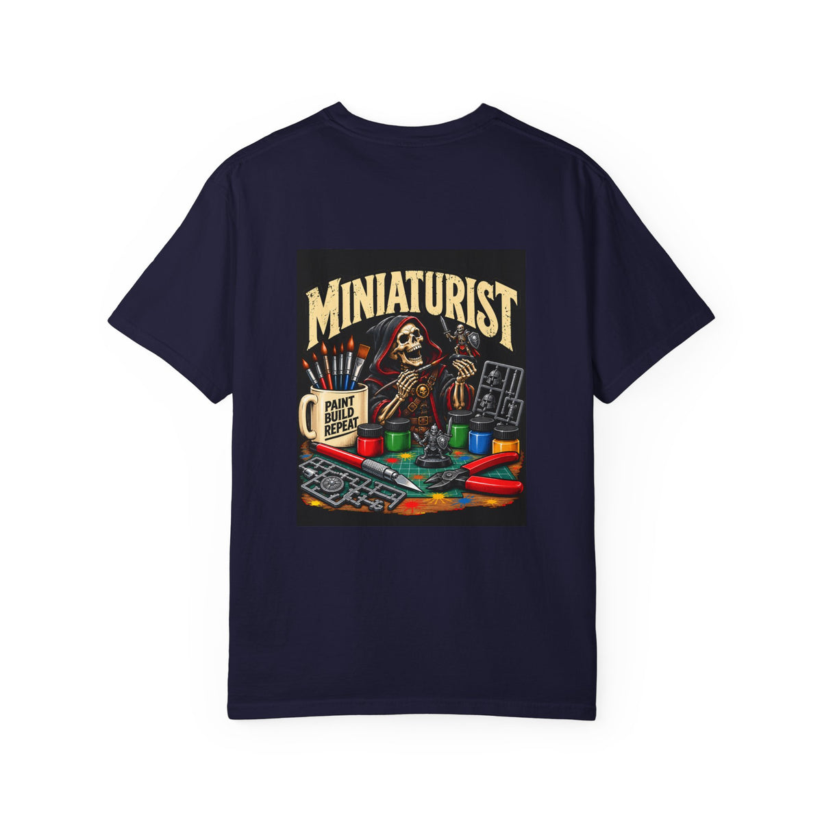 Miniaturist Skeleton Paint Build Repeat T-Shirt | Miniature Painting Hobby Tee