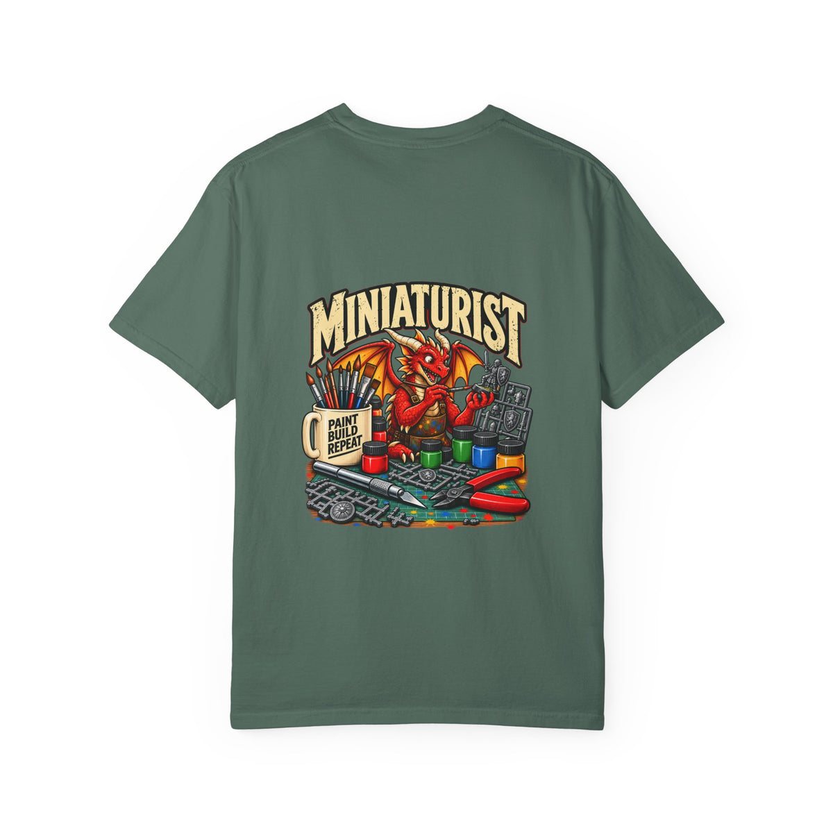 Miniaturist Dragon Painter Paint Build Repeat T-Shirt | Miniature Painting Hobby Tee