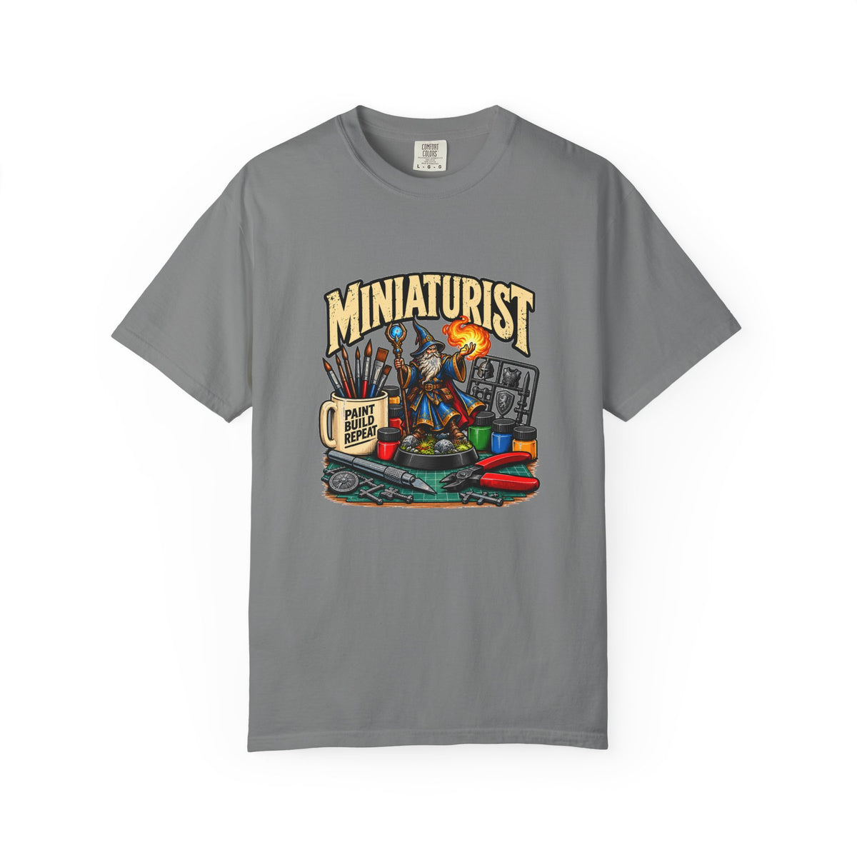 Miniaturist Wizard Paint Build Repeat T-Shirt | Miniature Painting Hobby Tee