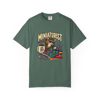 Miniaturist Cat Painter Paint Build Repeat T-Shirt | Miniature Painting Hobby Tee