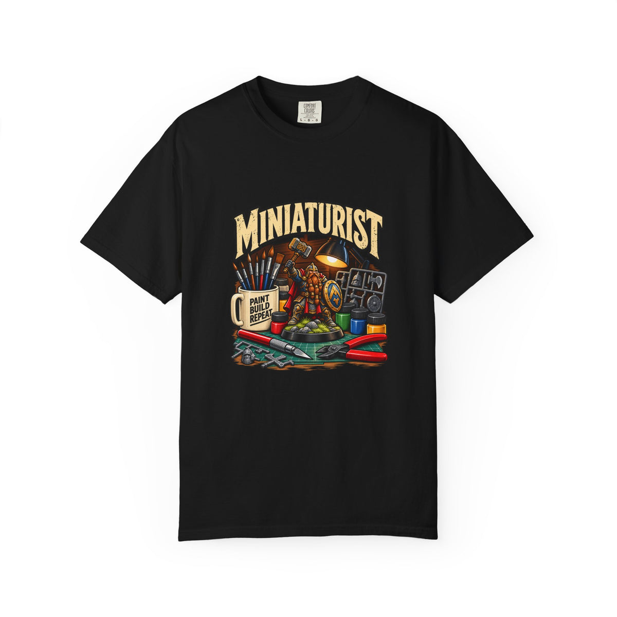 Miniaturist Dwarf Paint Build Repeat T-Shirt | Miniature Painting Hobby Tee