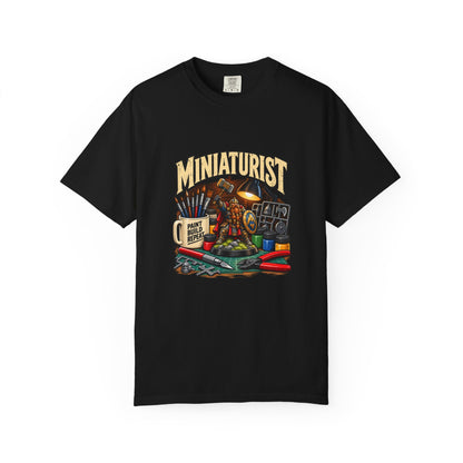 Miniaturist Dwarf Paint Build Repeat T-Shirt | Miniature Painting Hobby Tee