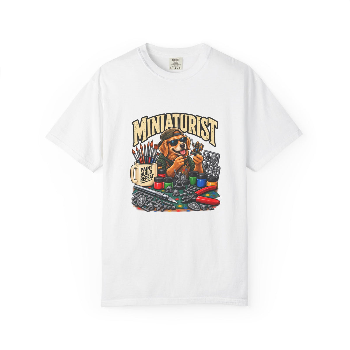 Miniaturist Dog Painter Paint Build Repeat T-Shirt | Miniature Painting Hobby Tee