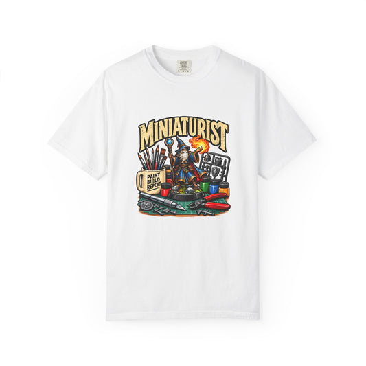 Miniaturist Wizard Paint Build Repeat T-Shirt | Miniature Painting Hobby Tee