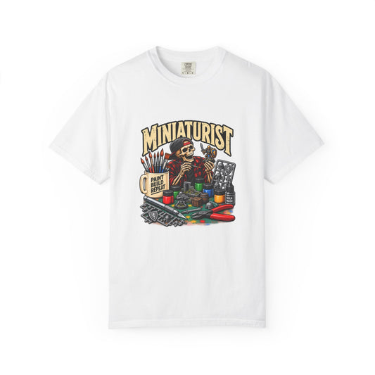 Miniaturist Skeleton Painter Paint Build Repeat T-Shirt | Miniature Painting Hobby Tee