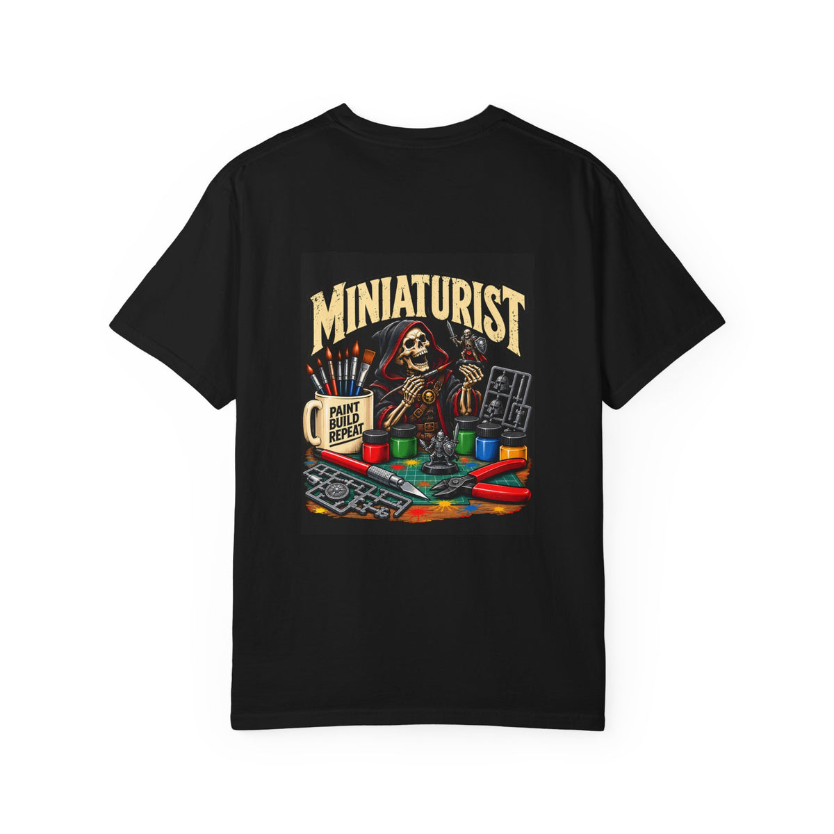 Miniaturist Skeleton Paint Build Repeat T-Shirt | Miniature Painting Hobby Tee