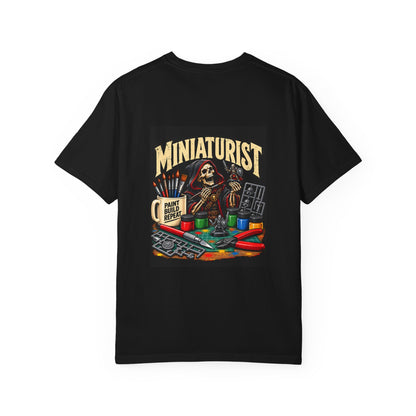 Miniaturist Skeleton Paint Build Repeat T-Shirt | Miniature Painting Hobby Tee