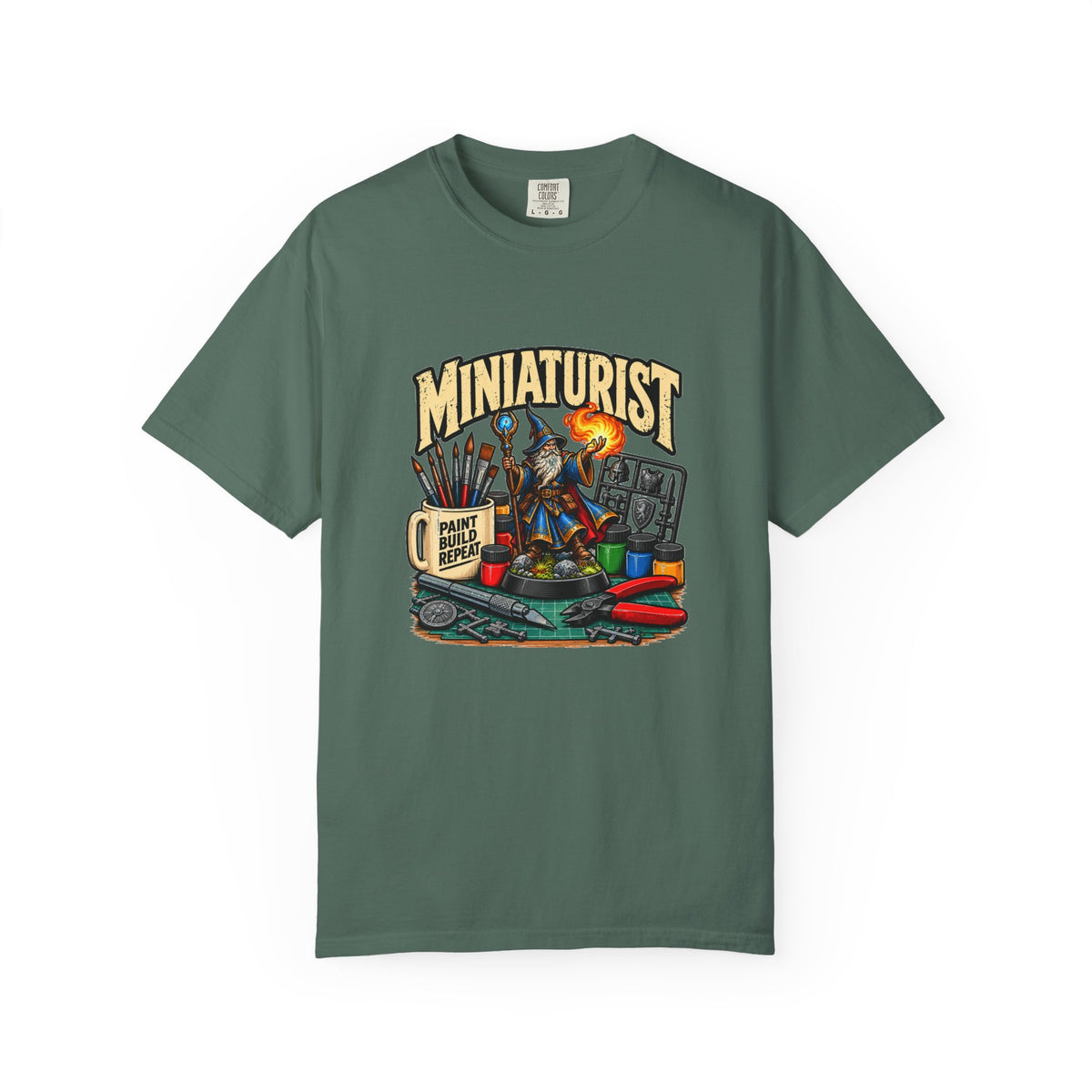 Miniaturist Wizard Paint Build Repeat T-Shirt | Miniature Painting Hobby Tee