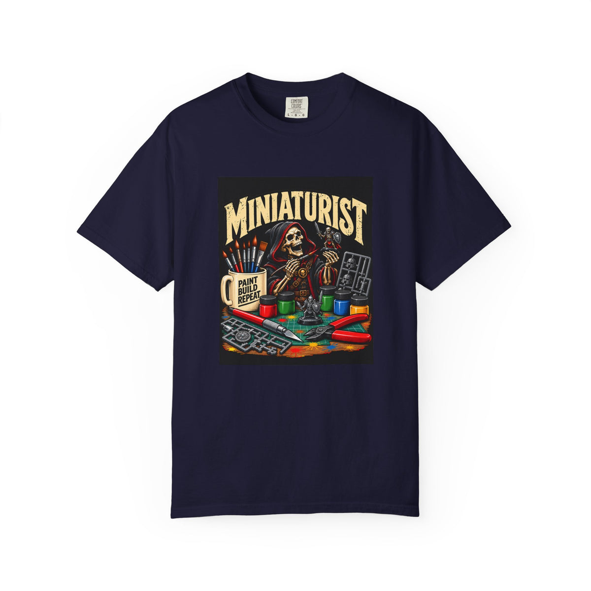 Miniaturist Skeleton Paint Build Repeat T-Shirt | Miniature Painting Hobby Tee