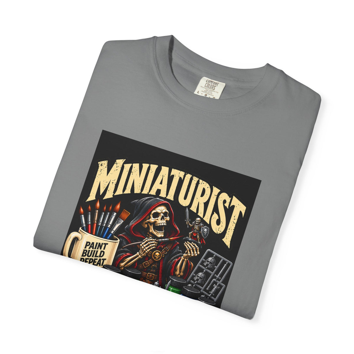 Miniaturist Skeleton Paint Build Repeat T-Shirt | Miniature Painting Hobby Tee