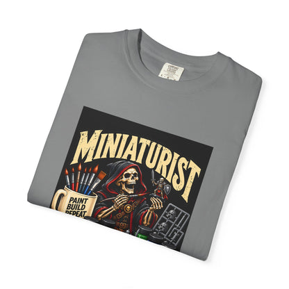 Miniaturist Skeleton Paint Build Repeat T-Shirt | Miniature Painting Hobby Tee