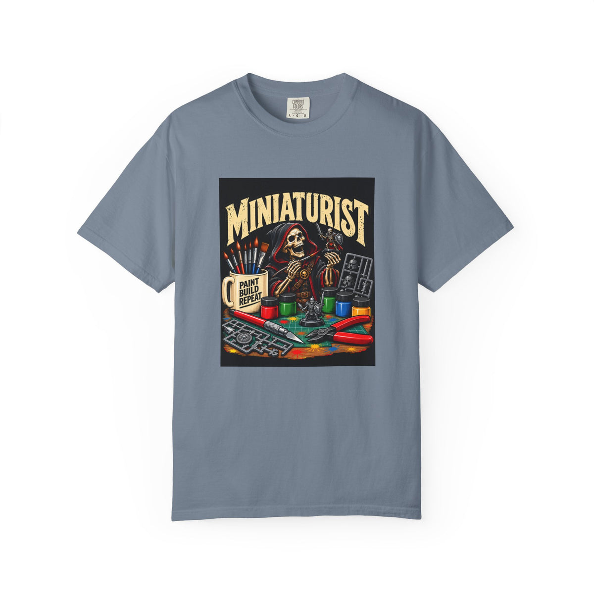 Miniaturist Skeleton Paint Build Repeat T-Shirt | Miniature Painting Hobby Tee
