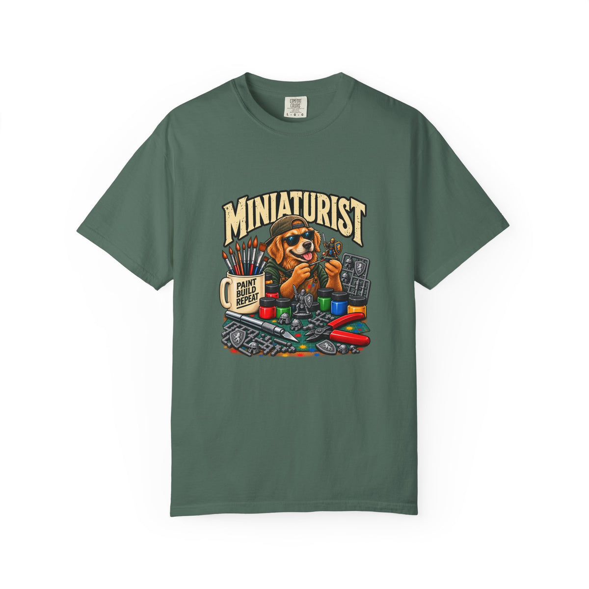 Miniaturist Dog Painter Paint Build Repeat T-Shirt | Miniature Painting Hobby Tee