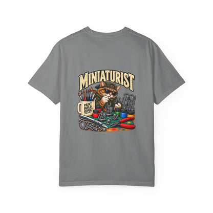 Miniaturist Cat Painter Paint Build Repeat T-Shirt | Miniature Painting Hobby Tee