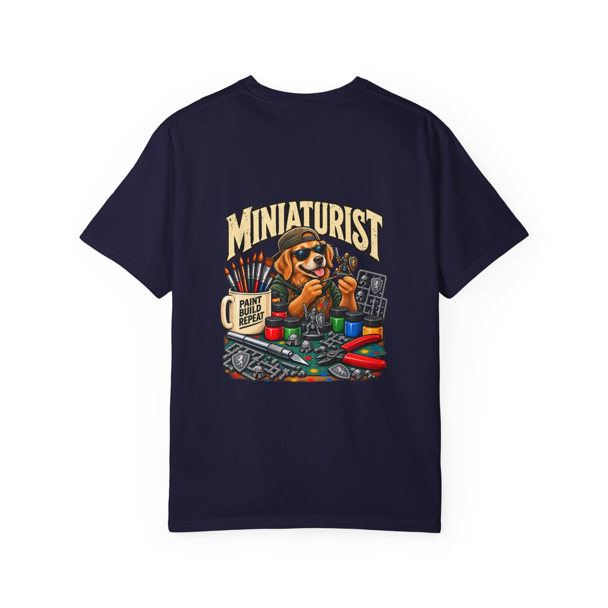 Miniaturist Dog Painter Paint Build Repeat T-Shirt | Miniature Painting Hobby Tee