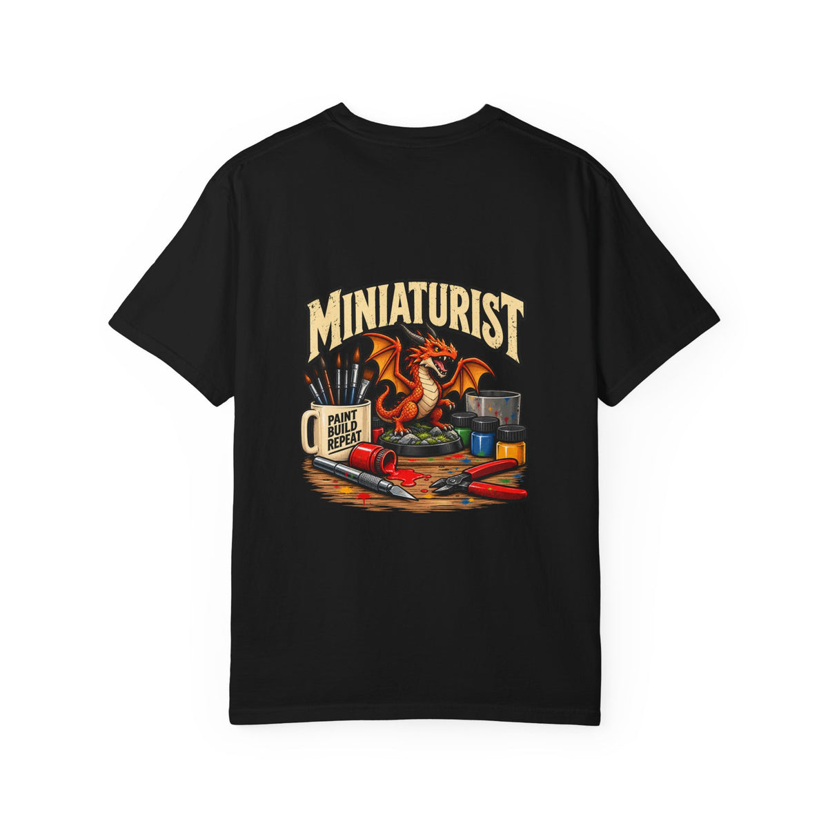 Miniaturist Dragon Paint Build Repeat T-Shirt | Miniature Painting Hobby Tee