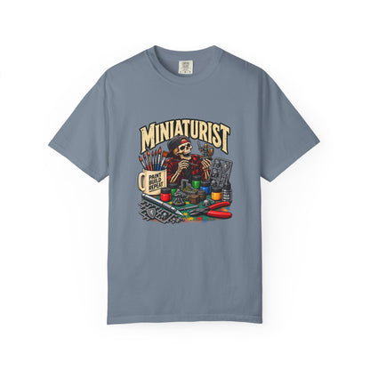 Miniaturist Skeleton Painter Paint Build Repeat T-Shirt | Miniature Painting Hobby Tee