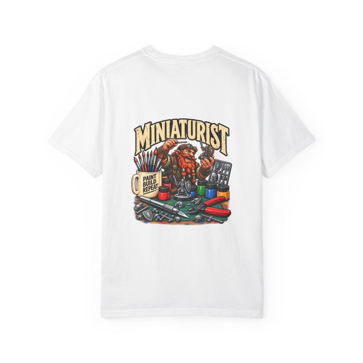 Miniaturist Dwarf Painter Paint Build Repeat T-Shirt | Miniature Painting Hobby Tee