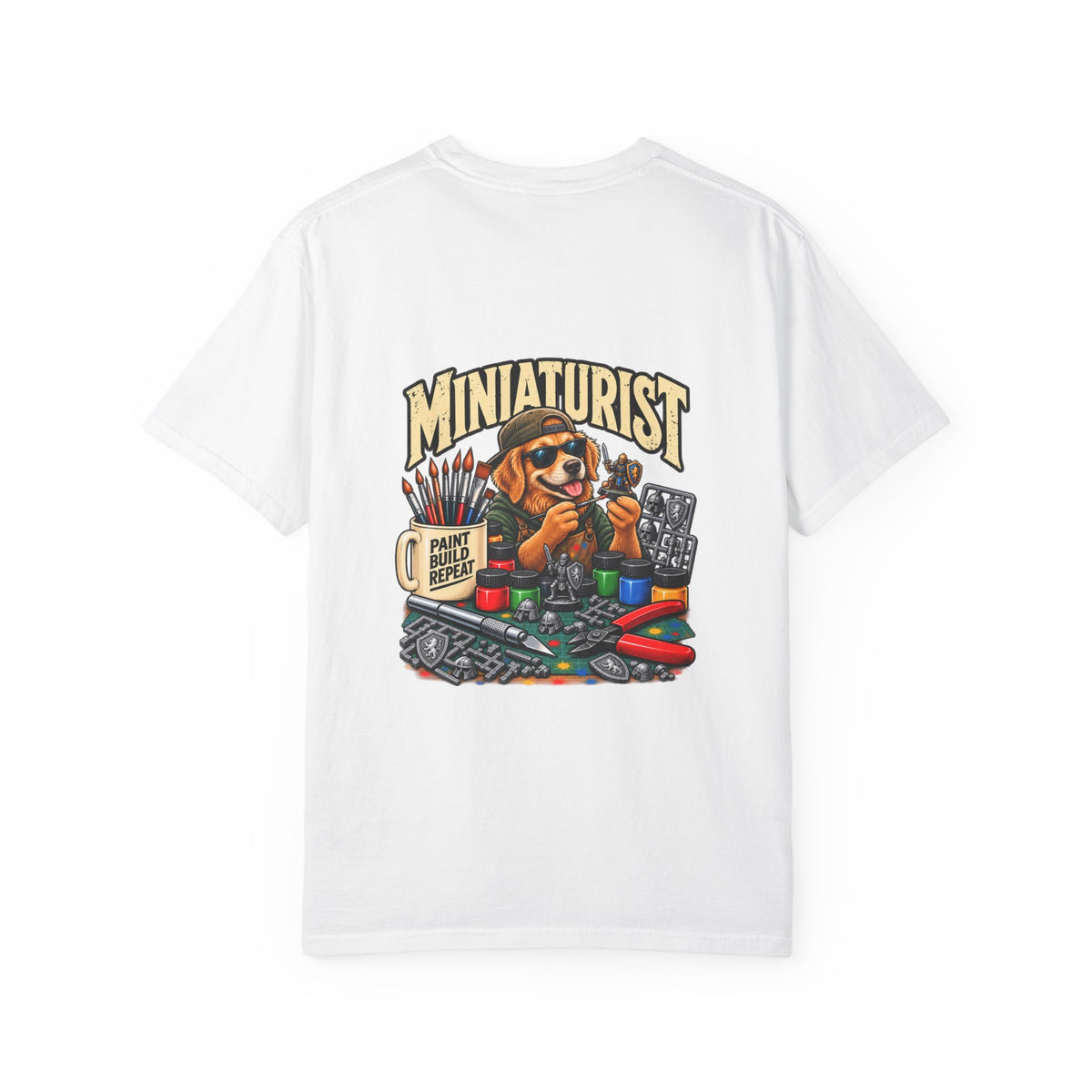 Miniaturist Dog Painter Paint Build Repeat T-Shirt | Miniature Painting Hobby Tee